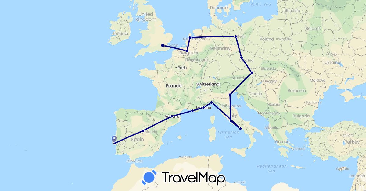 TravelMap itinerary: driving in Andorra, Austria, Belgium, Czech Republic, Germany, Spain, France, United Kingdom, Italy, Monaco, Netherlands, Portugal (Europe)